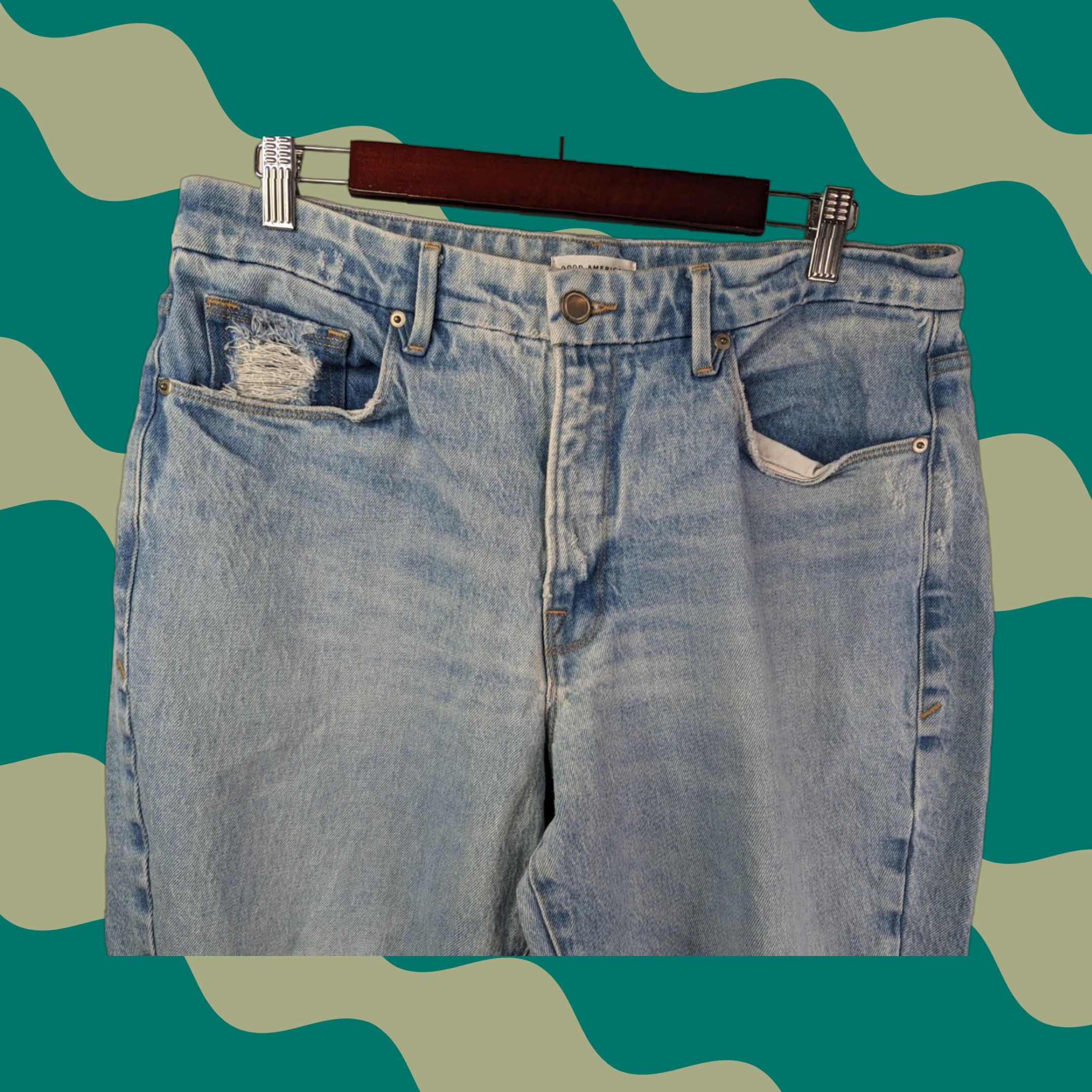 Good American GOOD AMERICAN Jeans Distressed 14/32 Blue 5-Pocket Design Zip Regular Plus Size Women Skinny Cap 637 Raw Hem Size 36" / US 14 / IT 50 - 1 Thumbnail