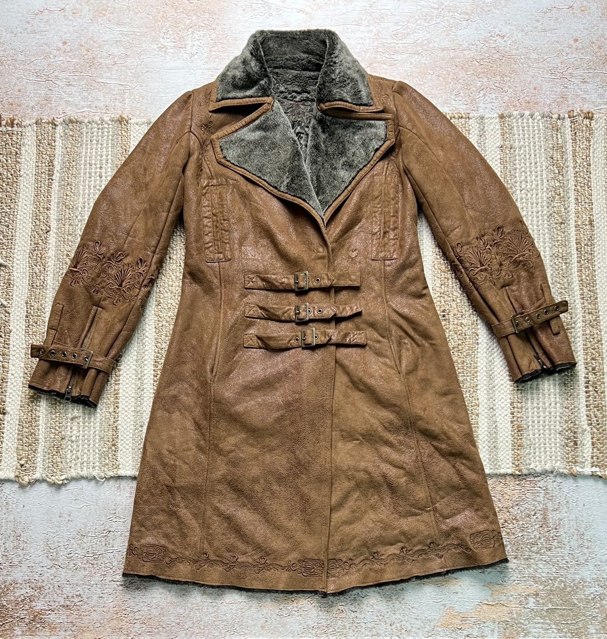 image of Vintage Japanese Belted Long Coat Jacket in Brown, Women's (Size Small)