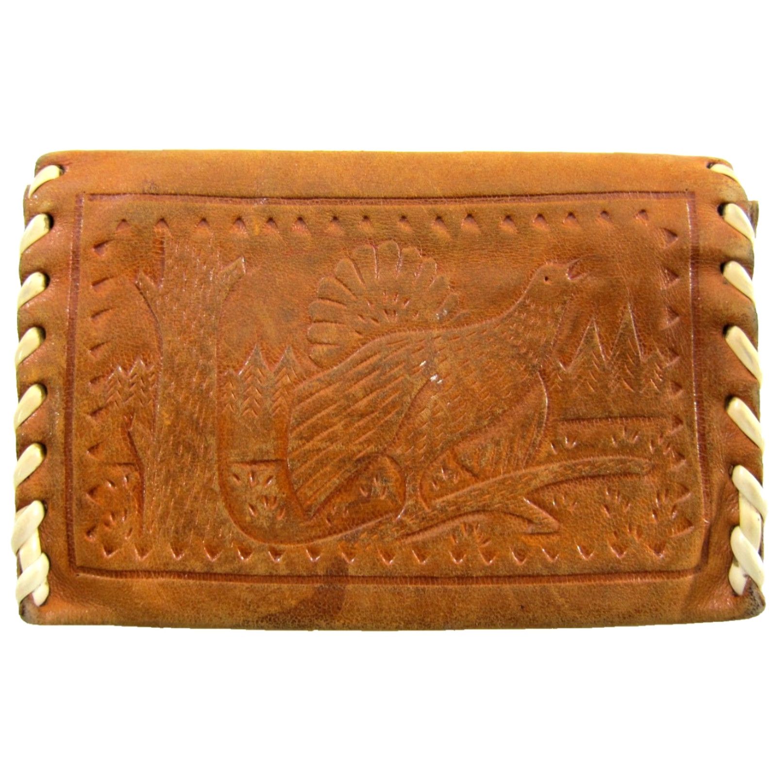 Vintage VINTAGE 100% Leather Tan Brown Etched Bird Stitched Trifold Wallet Size ONE SIZE - 4 Thumbnail