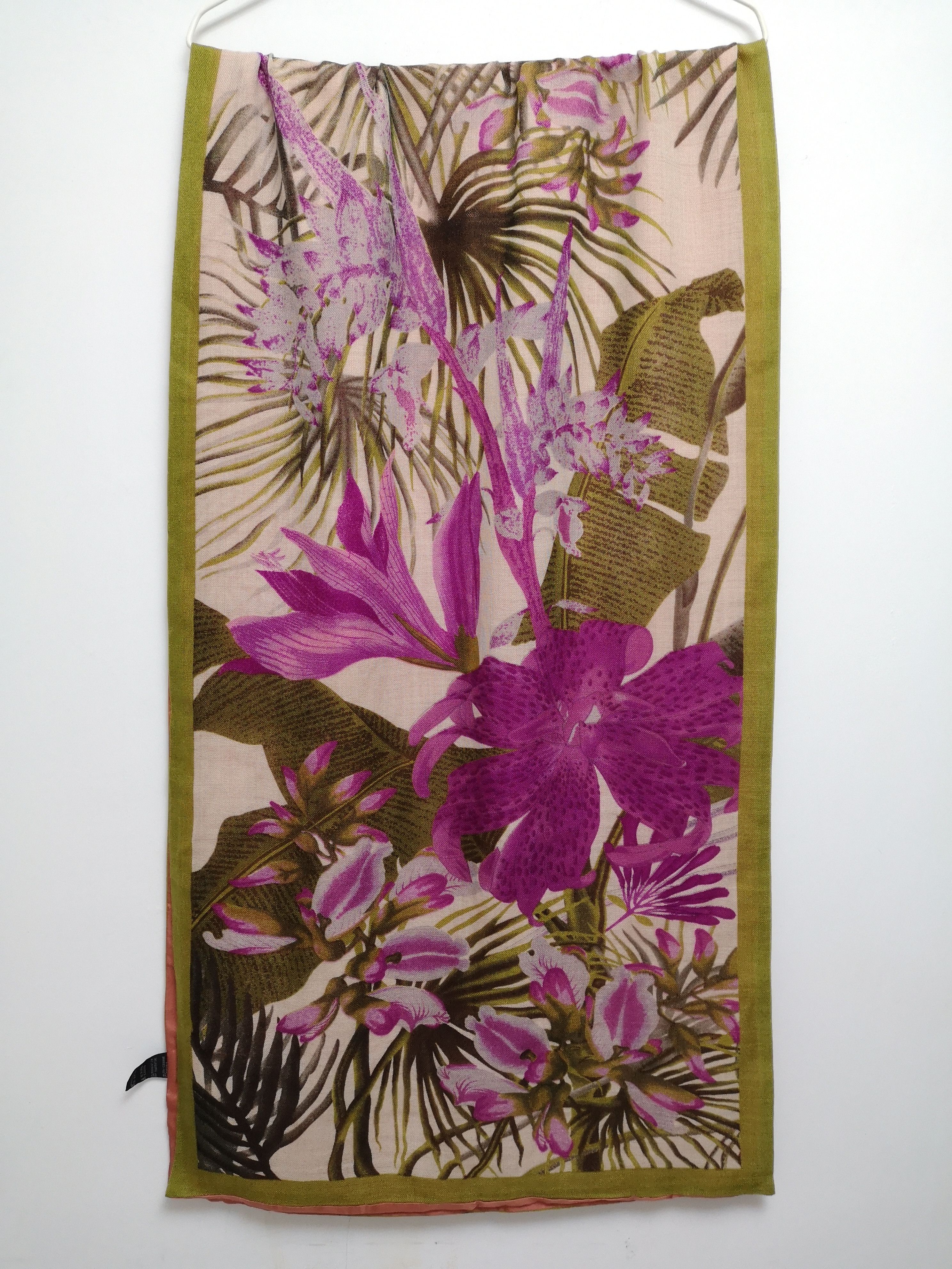 Kenzo Botanical Printed Wool Front Plain Pink Silk Back Scarf Size ONE SIZE - 2 Thumbnail