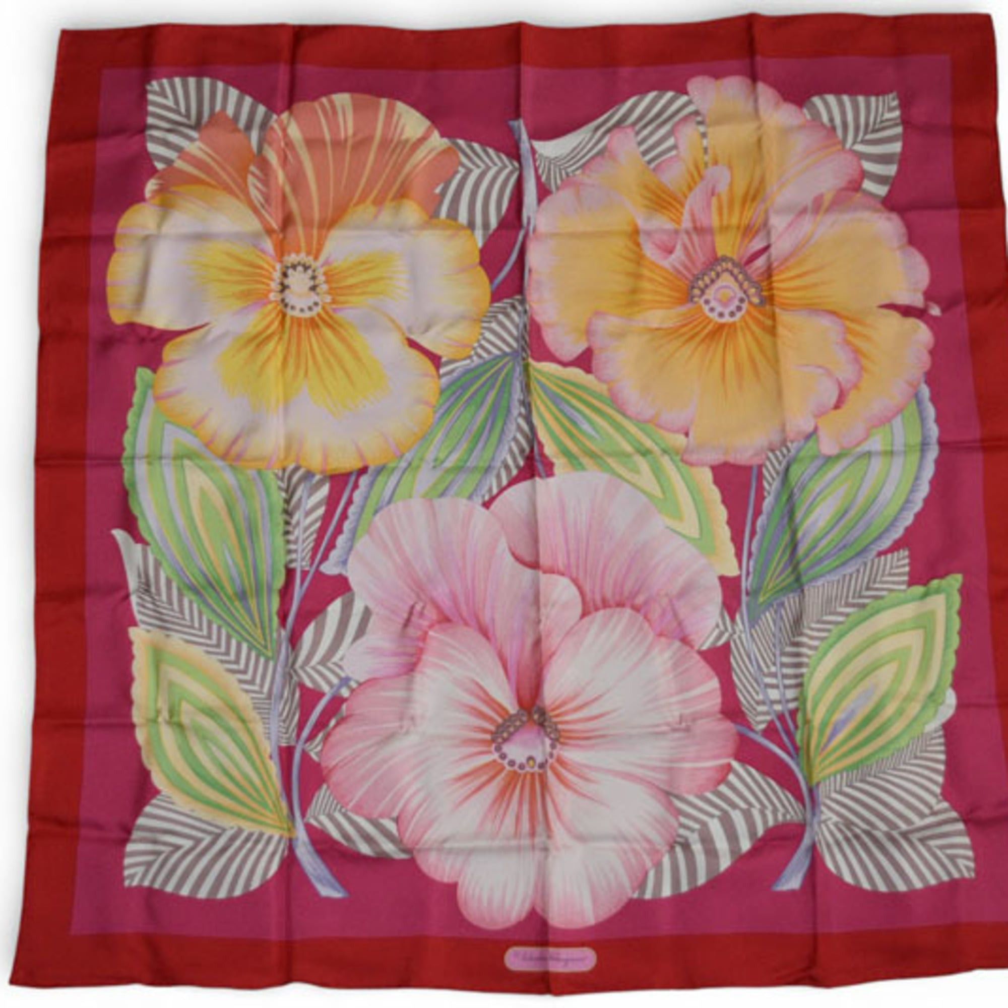 Salvatore Ferragamo Scarf Silk Muffler with Floral Motif Pink Red and Multicolor