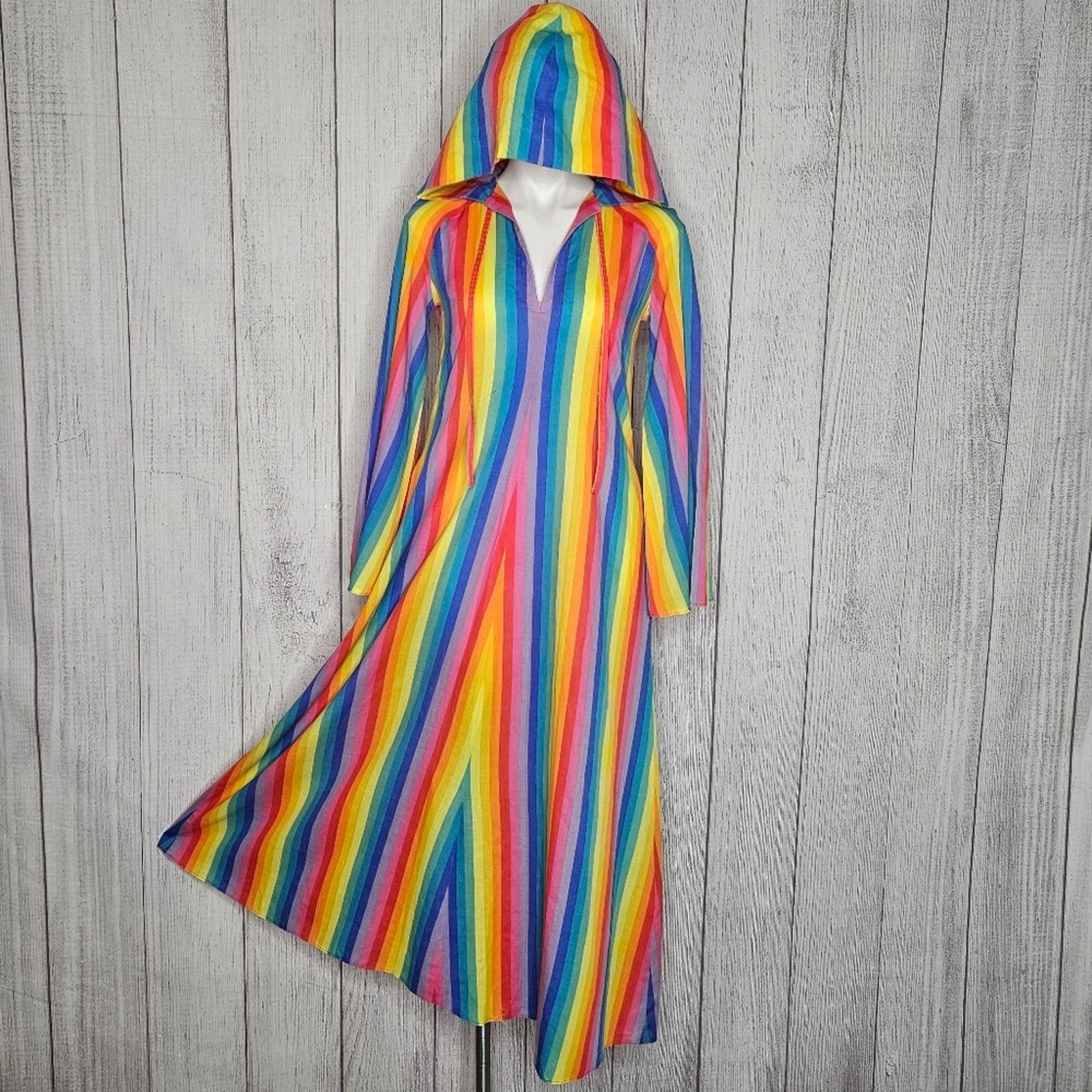 Vintage VTG OOAK Hooded Rainbow Stripe Maxi Dress, Flared Sleeves Size S / US 4 / IT 40 - 9 Thumbnail
