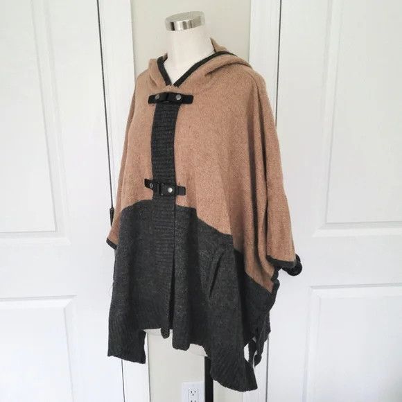 Max Mara Max Studio Tan/Gray Hooded Colorblock Wool Blend Poncho NWT Size S / US 4 / IT 40 - 3 Thumbnail