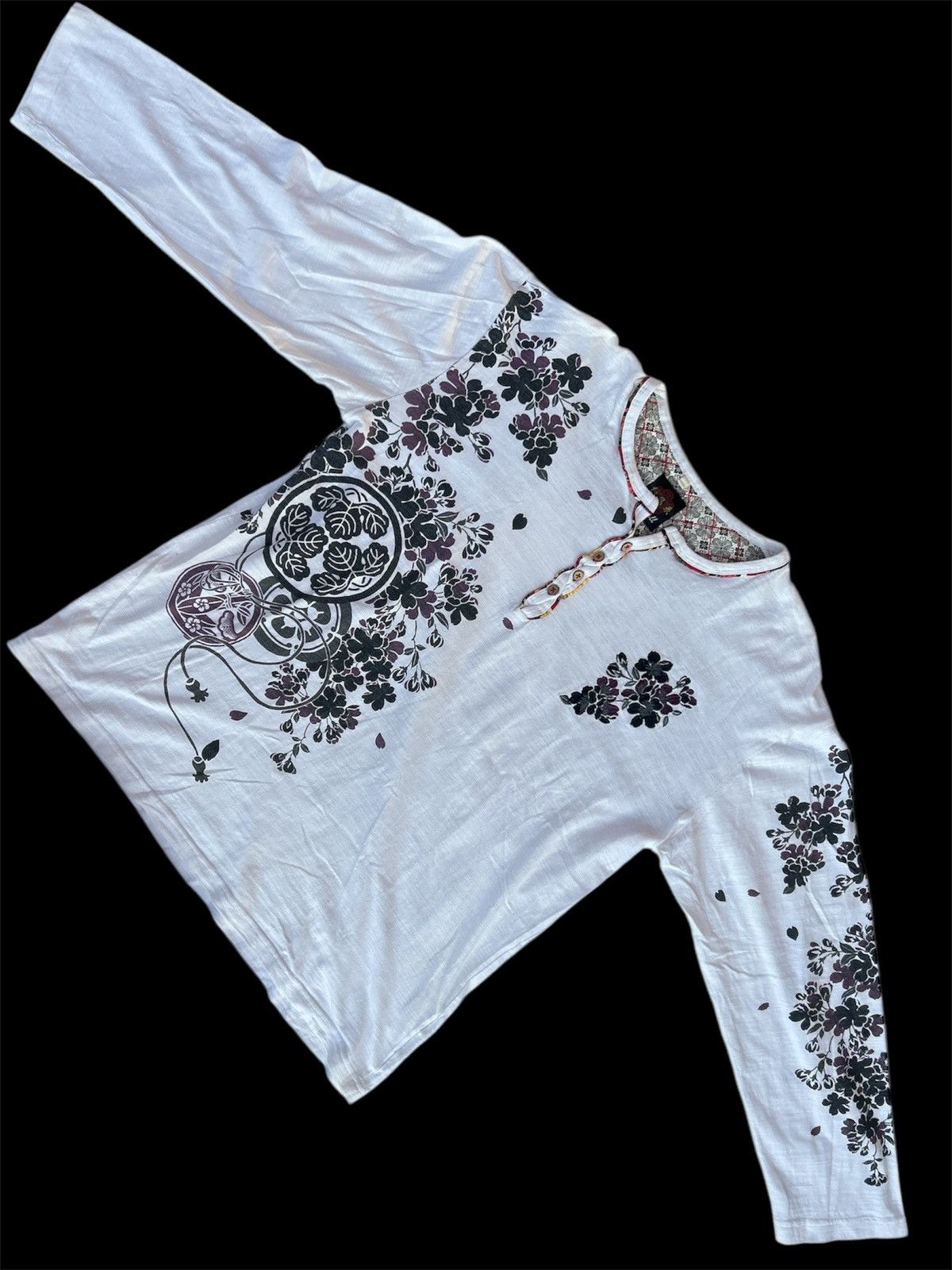 If Six Was Nine × Le Grande Bleu (L.G.B.) × Yohji Yamamoto Vintage Floral Henley Long Sleeve – White Size US XXL / EU 58 / 5 - 16 Thumbnail