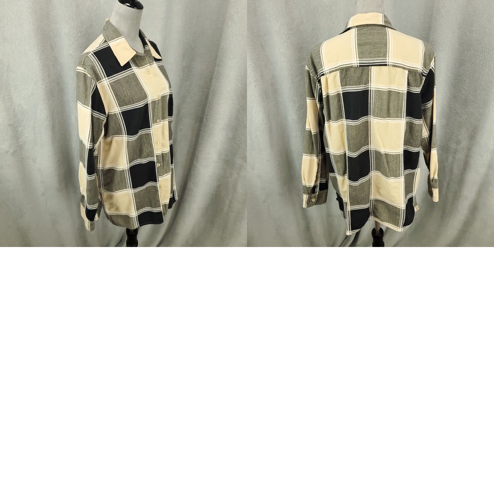 Lee Ms Lee Button Up Shirt 2X Cream Black Gray Grid Geometric Top Womens Blouse Size XXL / US 16-18 / IT 52-54 - 8 Thumbnail