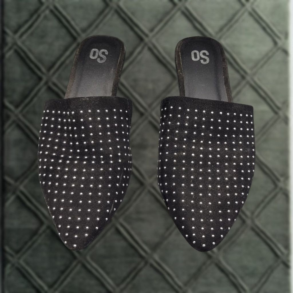 Vintage SO Black Studded Pointed Toe Flats Slide On Mules Size 7 Womens Shoes Flat Size US 7 / IT 37 - 1 Thumbnail
