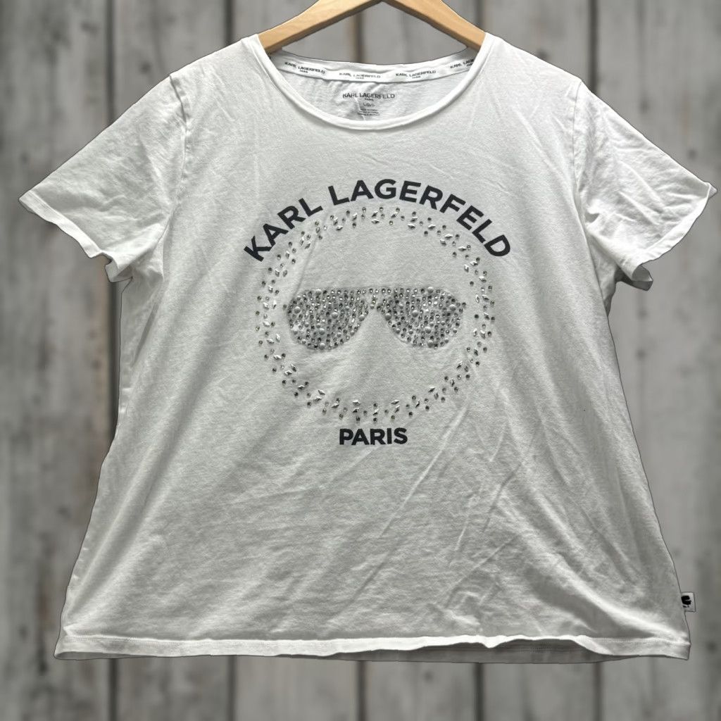 Karl Lagerfeld VINTAGE: No — Karl Lagerfeld Shirt Womens Large White Rhinestone Sunglasses Paris Graphic Tee Size L / US 10 / IT 46 - 1 Thumbnail