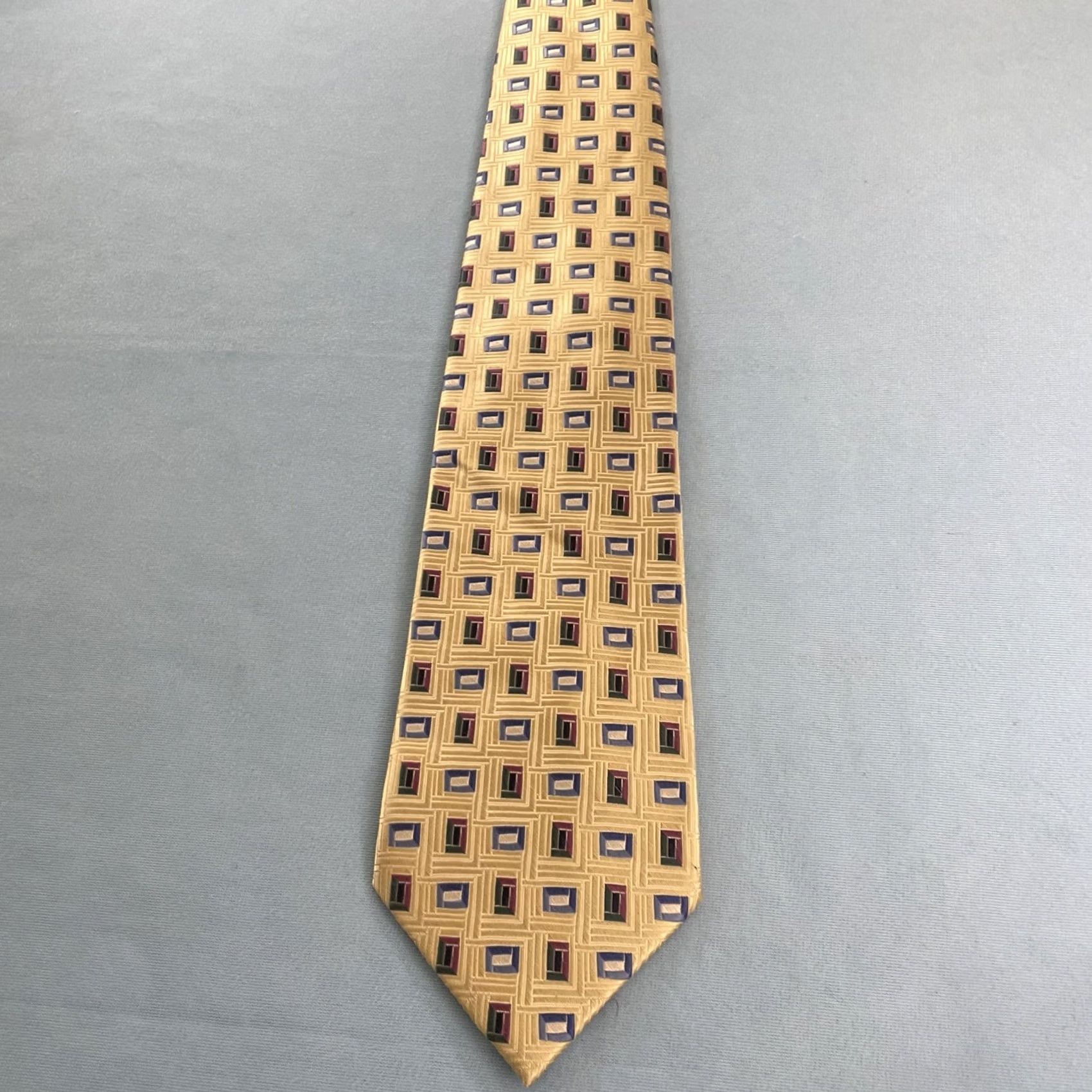 Vintage VINTAGE Tango Woven Silk Tie 61" Geometric Polka Dot Square Hand Made 4x61 Light Yellow Tie Mens 100% Silk Adjustble Some Wear Size ONE SIZE - 3 Thumbnail