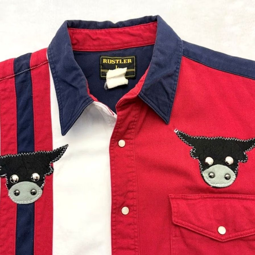 Wrangler VINTAGE Rustler Pearl Snap Red White Blue Western Shirt Embroidered Bull Size L Mens Short Sleeve Ranch Wrangler Size US L / EU 52-54 / 3 - 5 Thumbnail