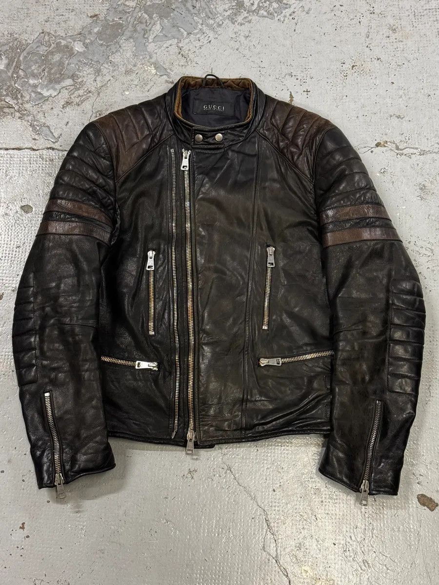 Gucci 2000s Gucci Brown Asymmetrical Zip Biker Leather Jacket Size US M / EU 48-50 / 2 - 1 Thumbnail