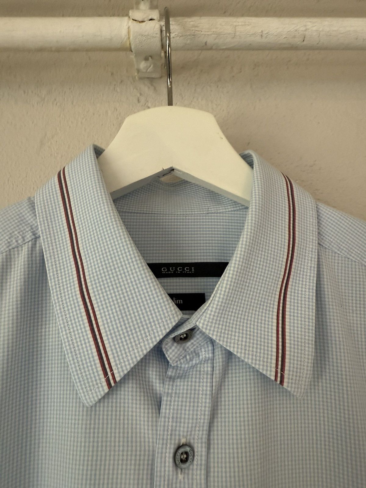 Gucci Light Blue Micro-Gingham Shirt with Striped Collar Size US M / EU 48-50 / 2 - 3 Thumbnail