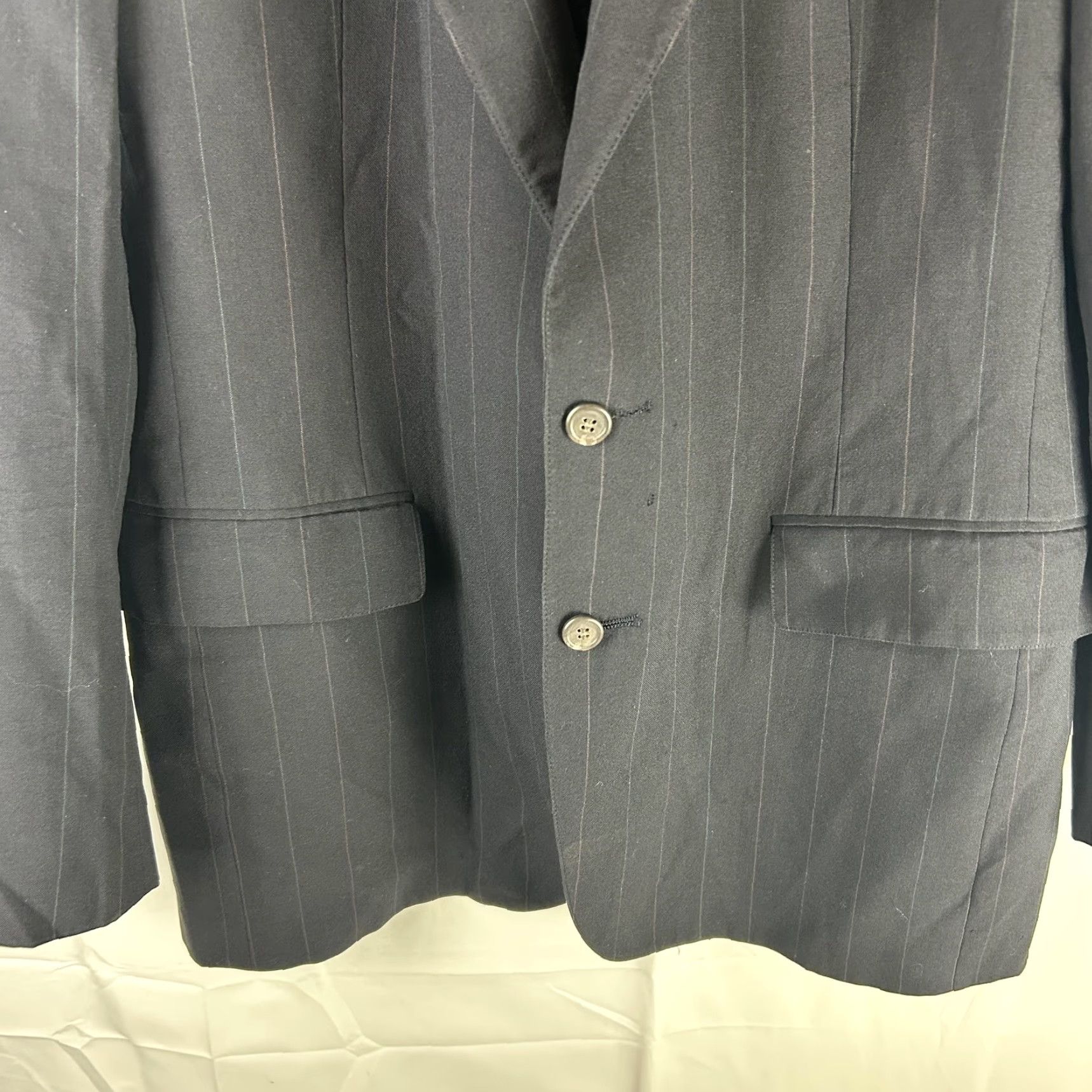 Ralph Lauren VINTAGE Ralph Lauren Polo University Club Suit Jacket Mens 42 Blue Pinstripe Wool 90s Two-Button Notch Lapel Singles Front Button Size US XL / EU 56 / 4 - 3 Thumbnail