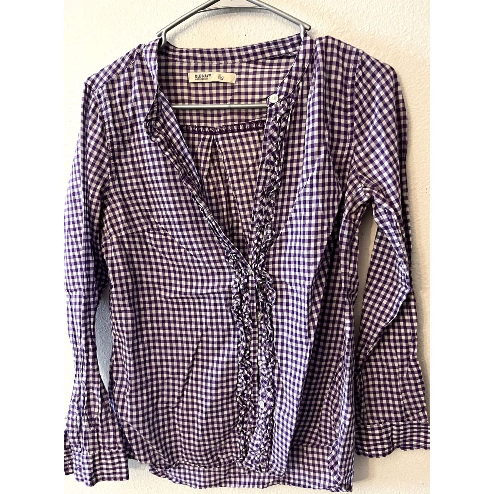 Old Navy Old Navy Blouse Shirt Tunic - S Purple Check Cotton Blend Long Sleeve Henley Pullover Women's VGUC Size S / US 4 / IT 40 - 2 Thumbnail