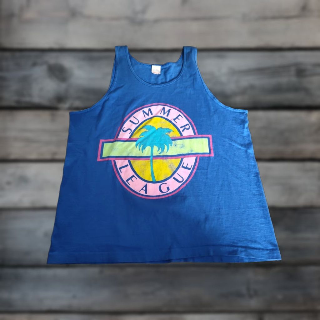 Fruit Of The Loom VINTAGE Fruit of the Loom Graphic Print Summer League Tank Top 80s Blue XL Mens Size US XL / EU 56 / 4 - 1 Thumbnail