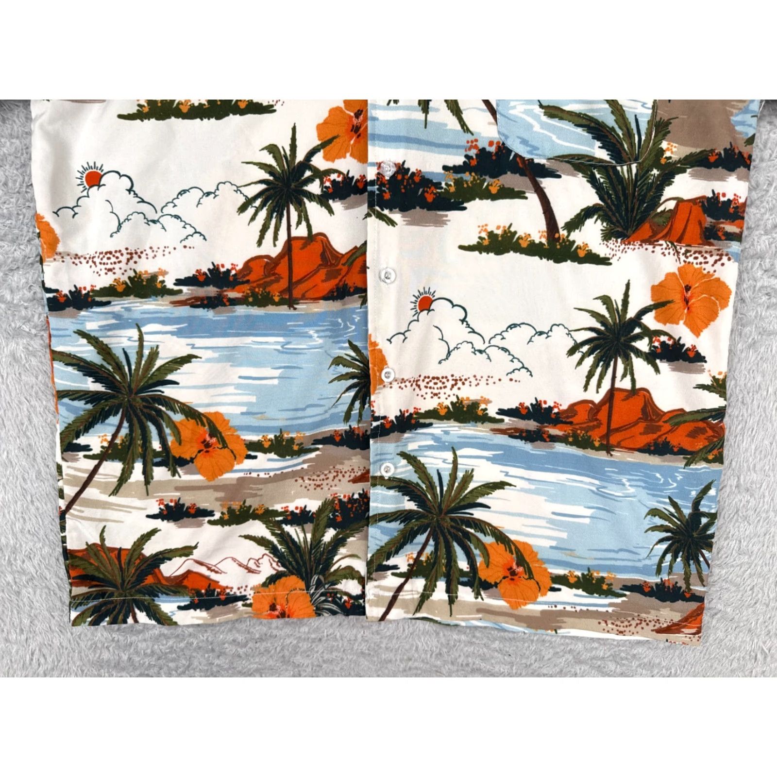 Vintage Palm Island Button-Up Hawaiian Shirt Adult Large Blue White Orange Palm Tree Beach Scene Aloha Luau Vacation Floral Short Sleeve Shirt Mens Regular Size US L / EU 52-54 / 3 - 5 Thumbnail