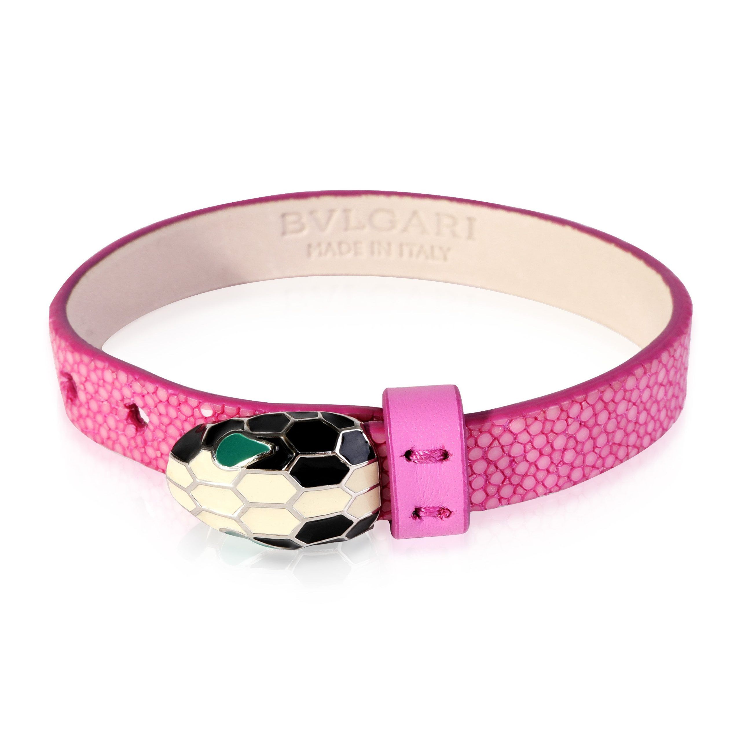 image of Silver Tone Bvlgari Serpenti Forever Bracelet On Pink Leather, Women's