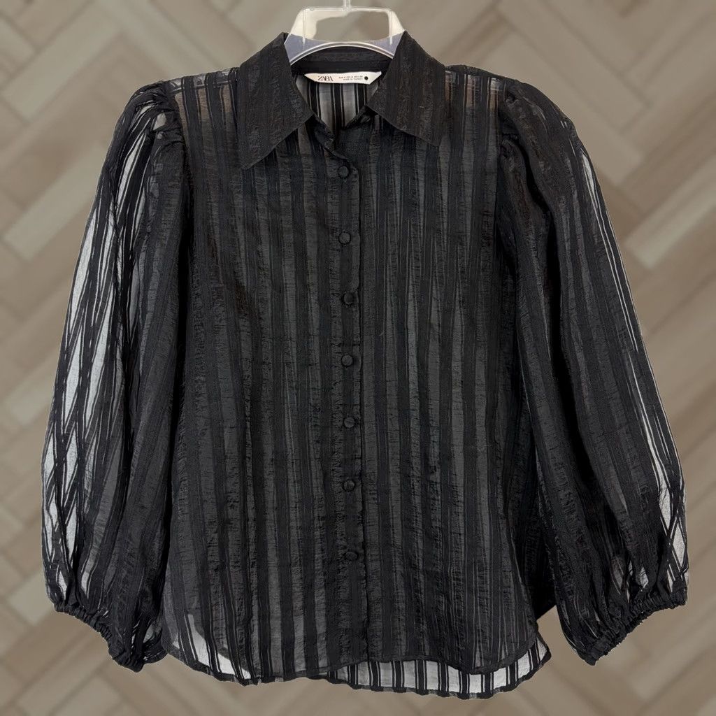 Zara Zara Blouse Shirt Womens Small Black Viscose Sheer Striped Button Collared Blouse Size S / US 4 / IT 40 - 1 Thumbnail