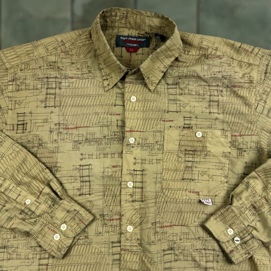 Vintage VINTAGE Pepe Jeans Button-Up Shirt Adult Medium Tan All Over Print 90s Punk, Long Sleeve, Brown, Graphic Print, Mens Size US M / EU 48-50 / 2 - 1 Thumbnail