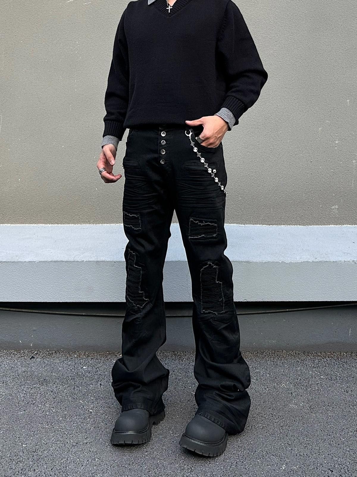 Japanese Brand Black Distressed Baggy Wide Leg Jeans, Barrel Leg Jeans Size US 32 / EU 48 - 6 Thumbnail