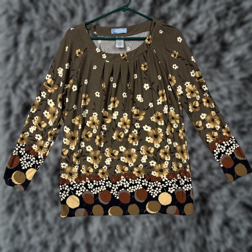 Vintage Classic Elements Womens Tunic Blouse M Brown Floral Pleated Boho Bohemian Fall Spring Casual Knit Shirt Tee Top Size M / US 6-8 / IT 42-44 - 1 Thumbnail