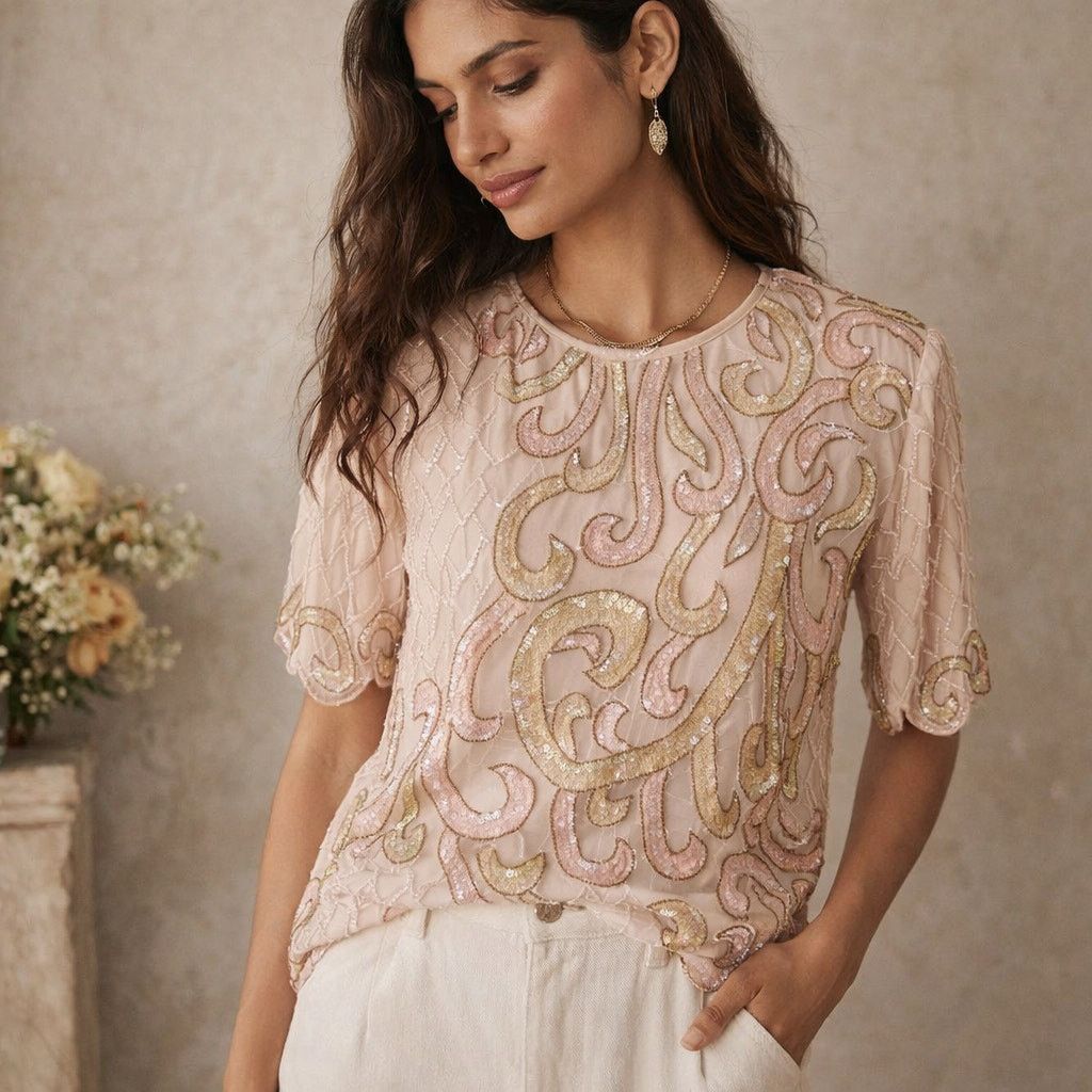 & Other Stories Vintage 80s Rina Z Pink Sequined Blouse Top L Size L / US 10 / IT 46 - 1 Thumbnail