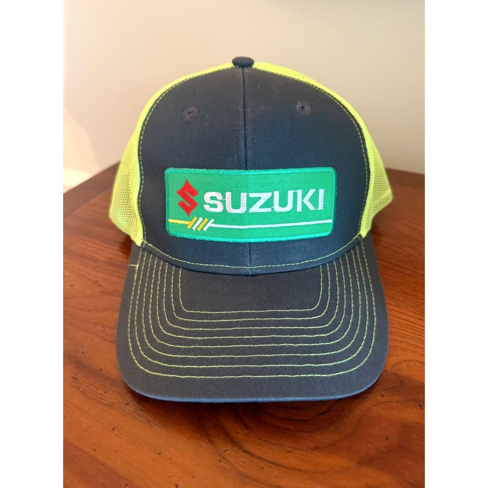 Vintage pepitees Suzuki Motocross Trucker Hat Cap Adult One Size Adjustable Green Gray Cotton Twill Racing Theme Mens Cap Size ONE SIZE - 2 Thumbnail