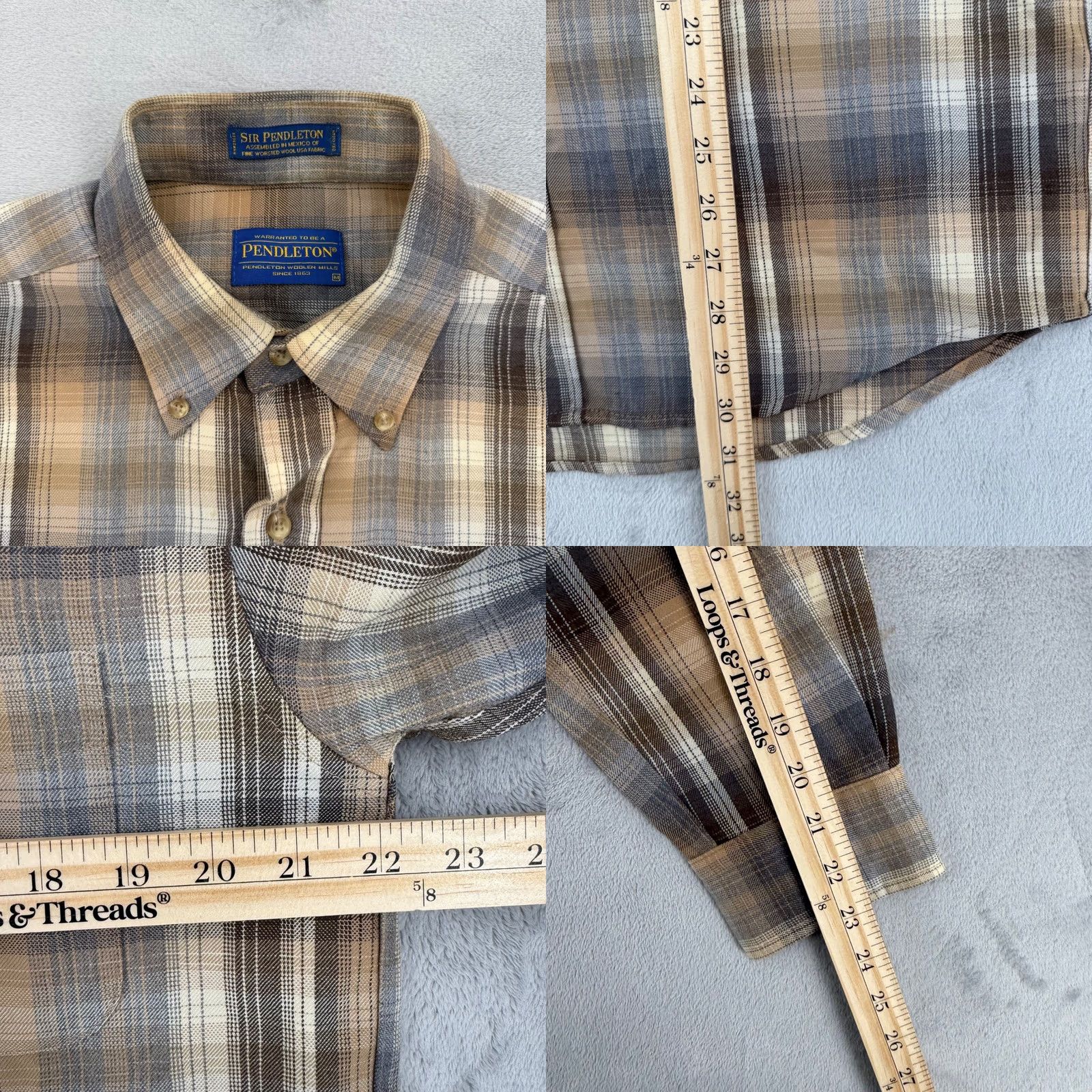 Pendleton Sir Pendleton Mens Plaid Worsted Wool Button-Down Shirt Tan Brown Grey M Size US M / EU 48-50 / 2 - 9 Thumbnail