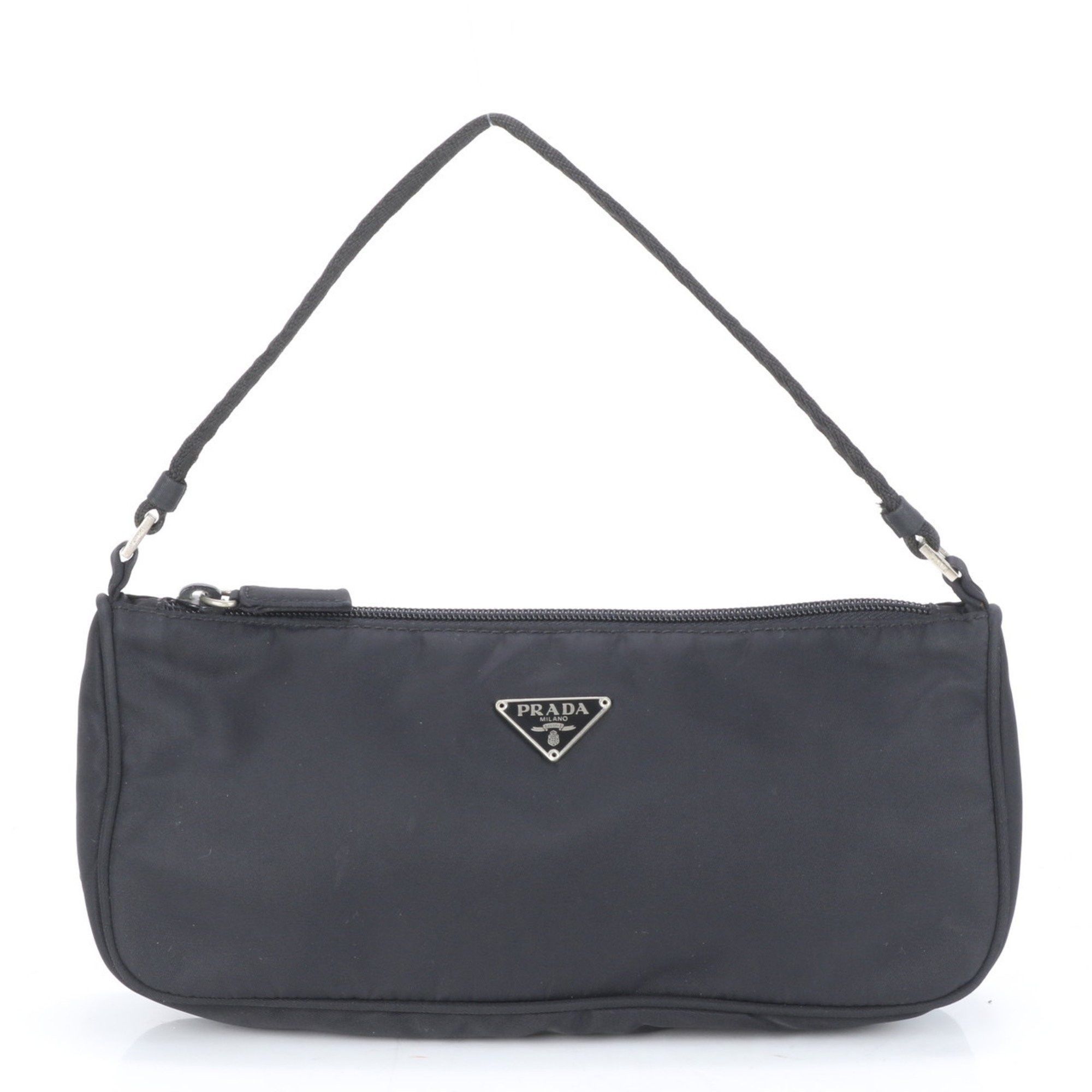 Prada Tessuto Nylon Triangle Pouch Leather Shoulder Bag Tote Handbag For Women in Black