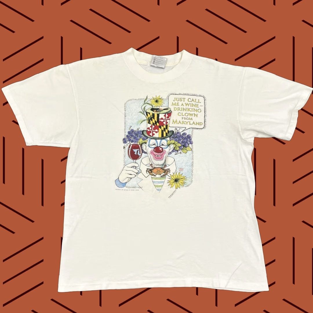 Vintage VINTAGE Clown Graphic T-Shirt Mens Large White Maryland Wine Humor Funny USA 90s Size US L / EU 52-54 / 3 - 1 Thumbnail