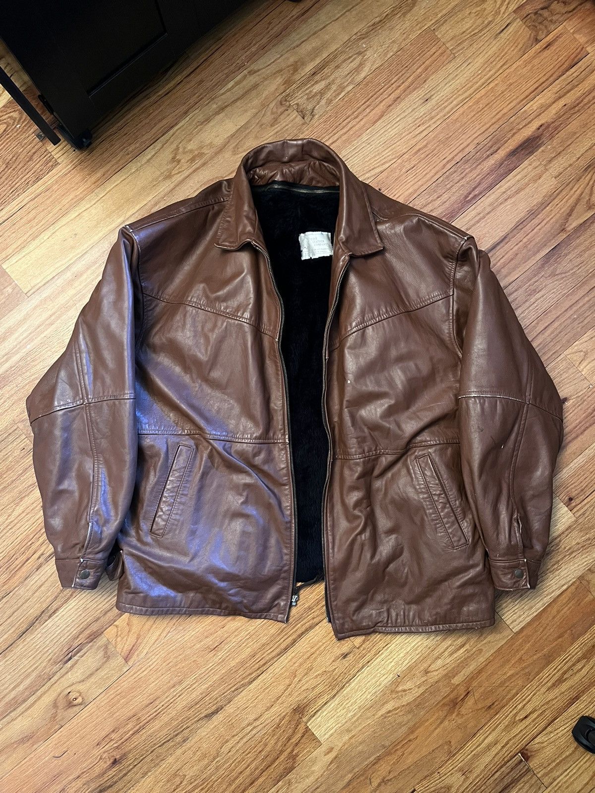 image of Vintage Heavy Leather Jacket Fur Lined in Brown, Men's (Size 2XL)