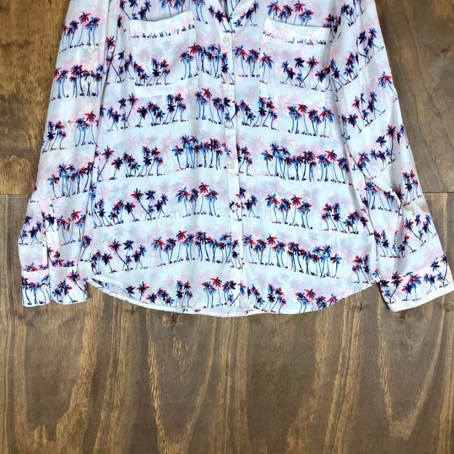 Express Express Blouse White Palm Tree Portofino V-Neck Button Down Sheer M Womens Size M / US 6-8 / IT 42-44 - 3 Thumbnail