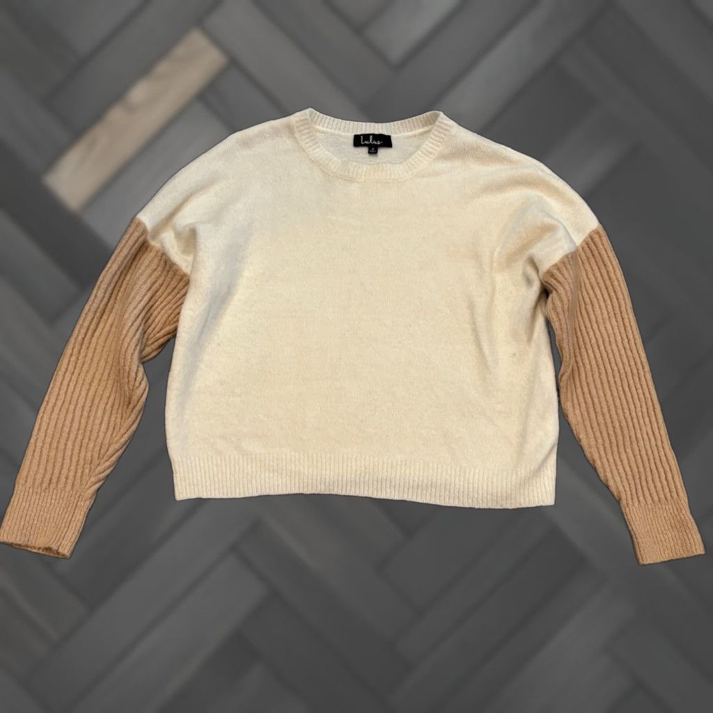 Vintage Lulus Sweater Womens Small Cream Long Sleeve Two Tone Ribbed Cuff Casual Pullover Knit Regular Winter Spring Fall Womens Size S / US 4 / IT 40 - 1 Thumbnail