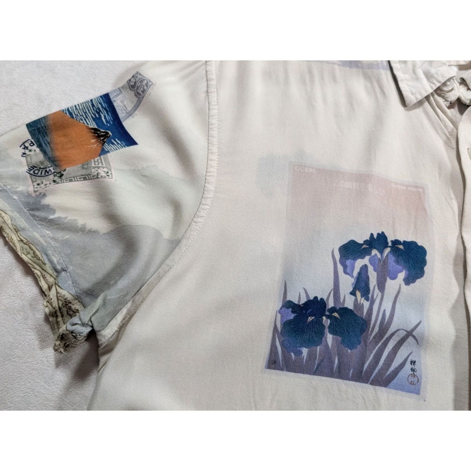Guess GUESS Shirt Mens Large Regular Hawaiian Birds Japanese Mountains 100% Viscose Short Sleeve Button-Up White Pattern Watercolor Painting Multicolor? Size US L / EU 52-54 / 3 - 4 Thumbnail