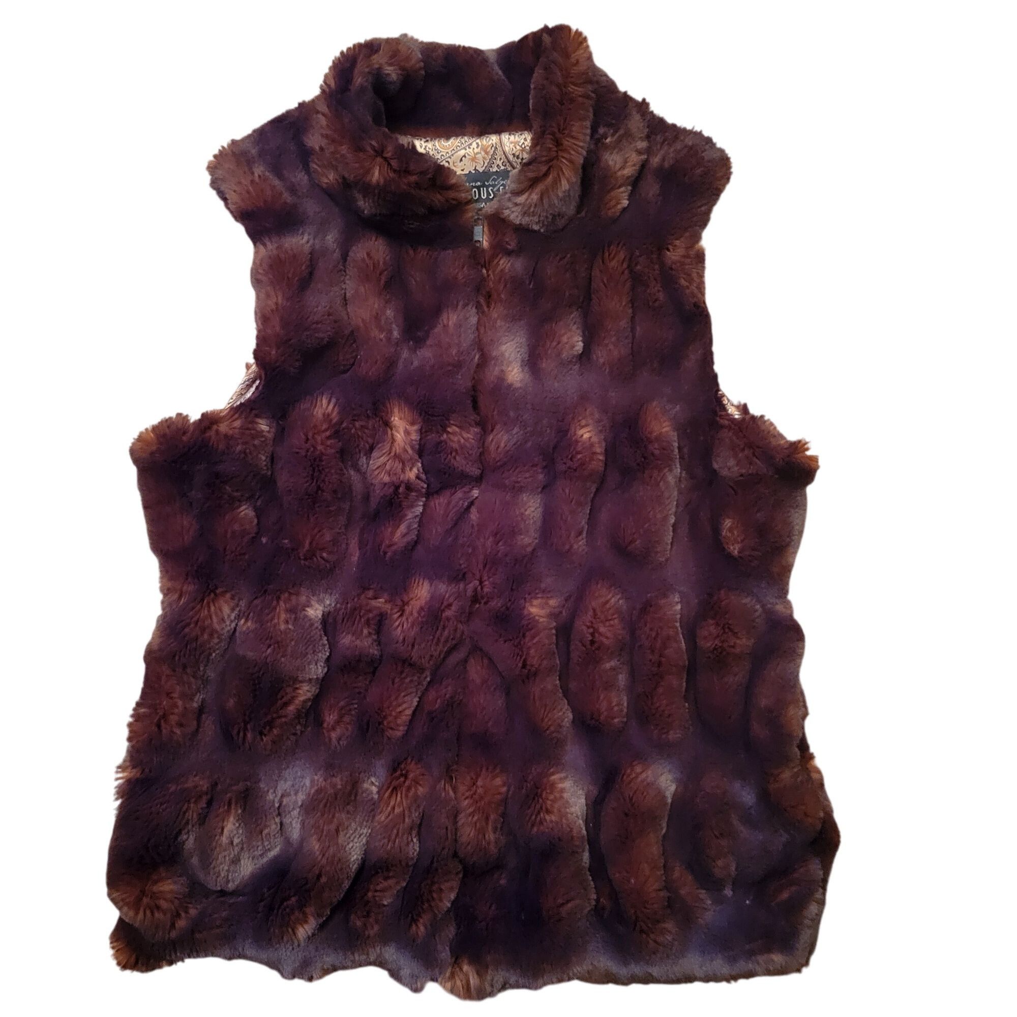 Donna Salyers Fabulous Furs Faux Fur Vest XS Brown Full Zip