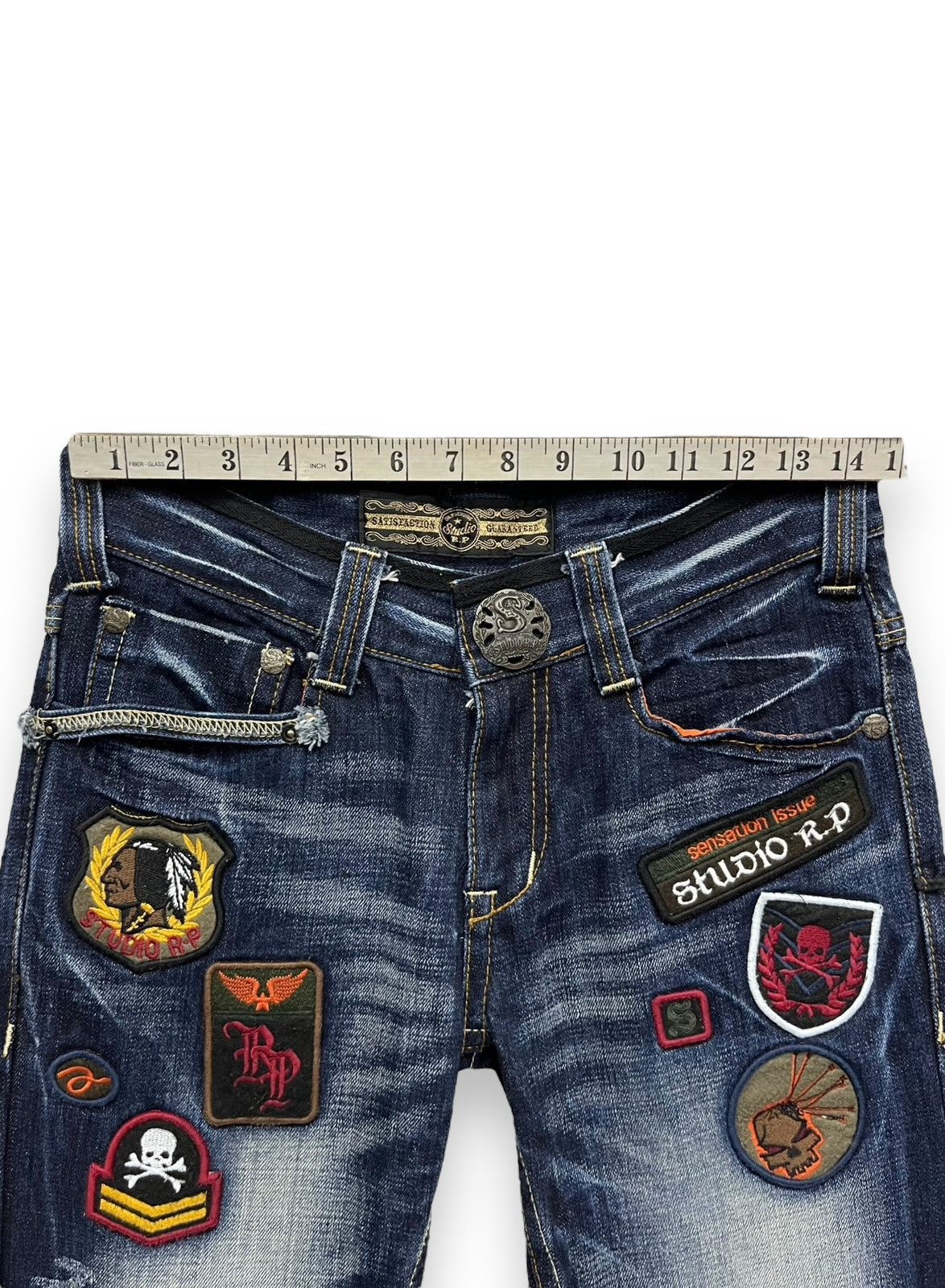 STUDIOUS FYE🔥STUDIO RP Punk Skull Patches Whiskered Blue Flare Denim Size US 28 / EU 44 - 19 Thumbnail