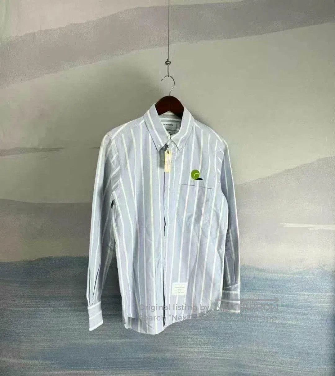 thom browne blue and white striped shirt.