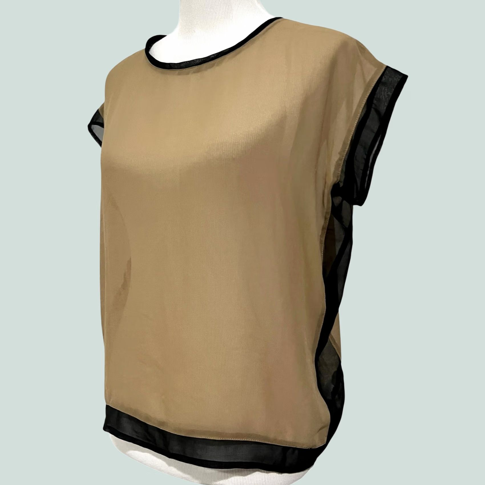 Vintage Fab’rik Women's Top Silk Blend Sheer Blouse Tan Black Boxy Small Slim Fit Shirt Womens Size S / US 4 / IT 40 - 1 Thumbnail