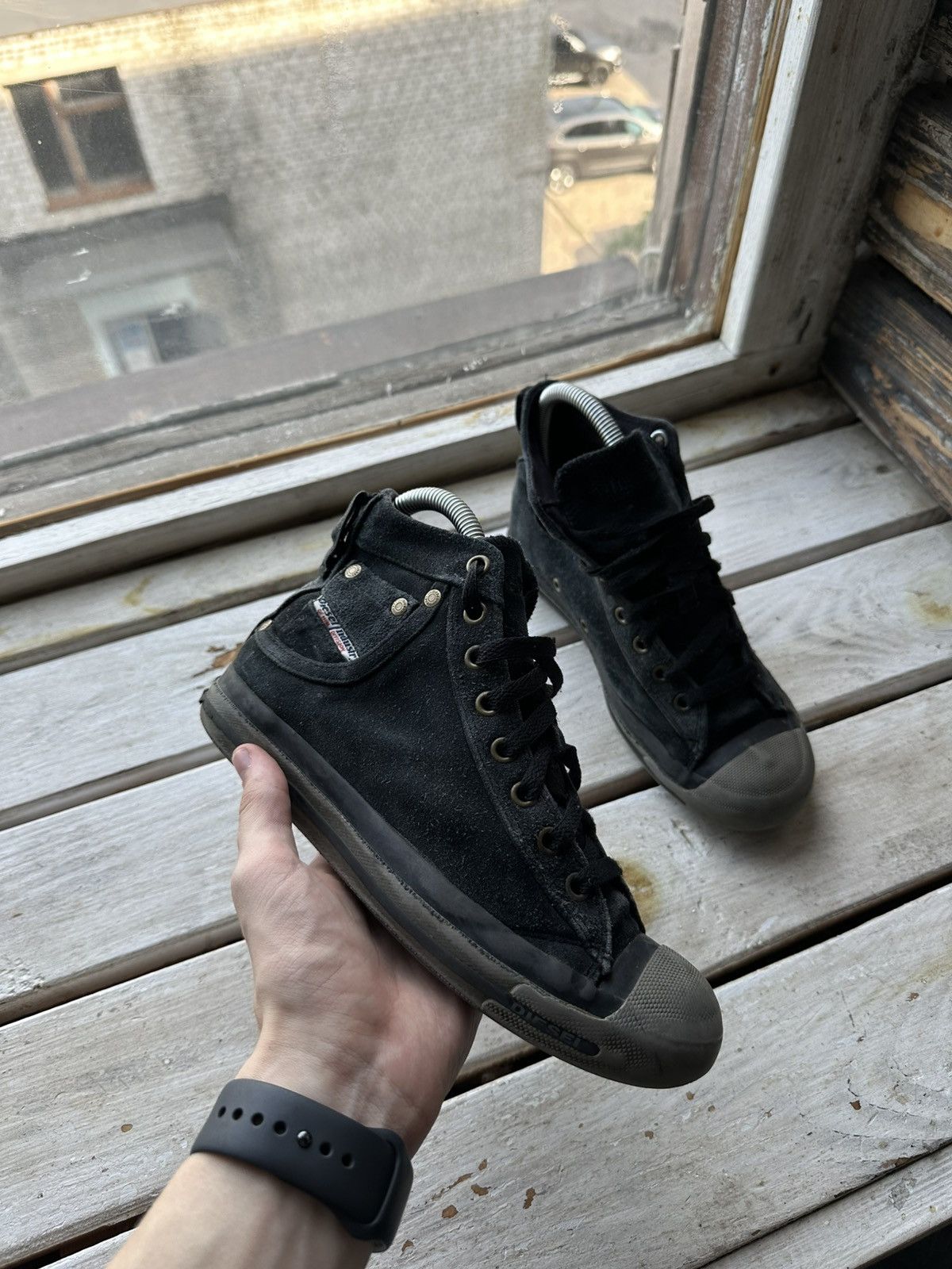 Vntg Diesel Leather Jeans Y2K If6Was9 Style Distressed Shoes in Black, Men's (Size 5)