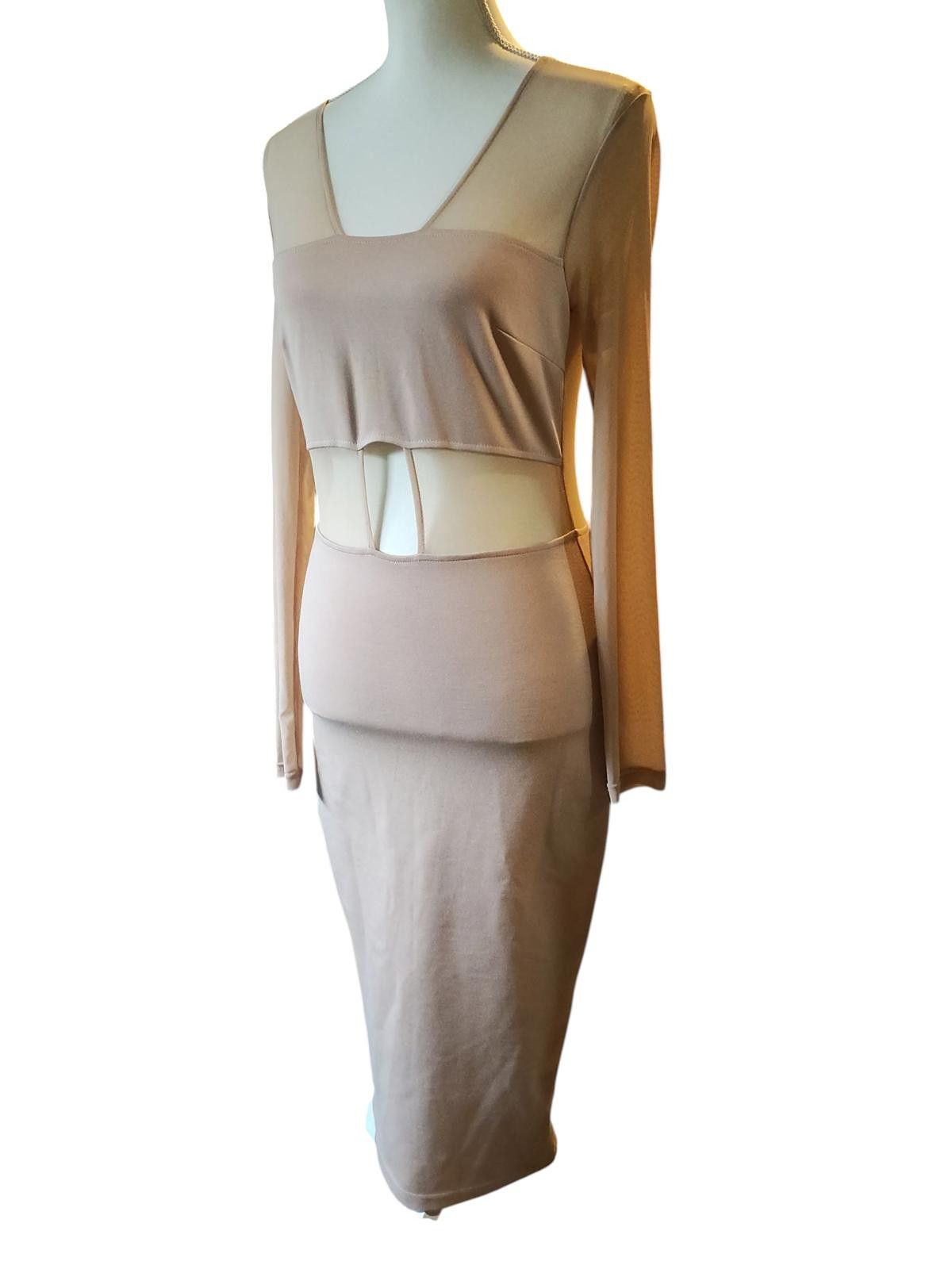 Designer Beige Long Sleeve Cutout Bodycon Dress by XTaren Size S / US 4 / IT 40 - 4 Thumbnail