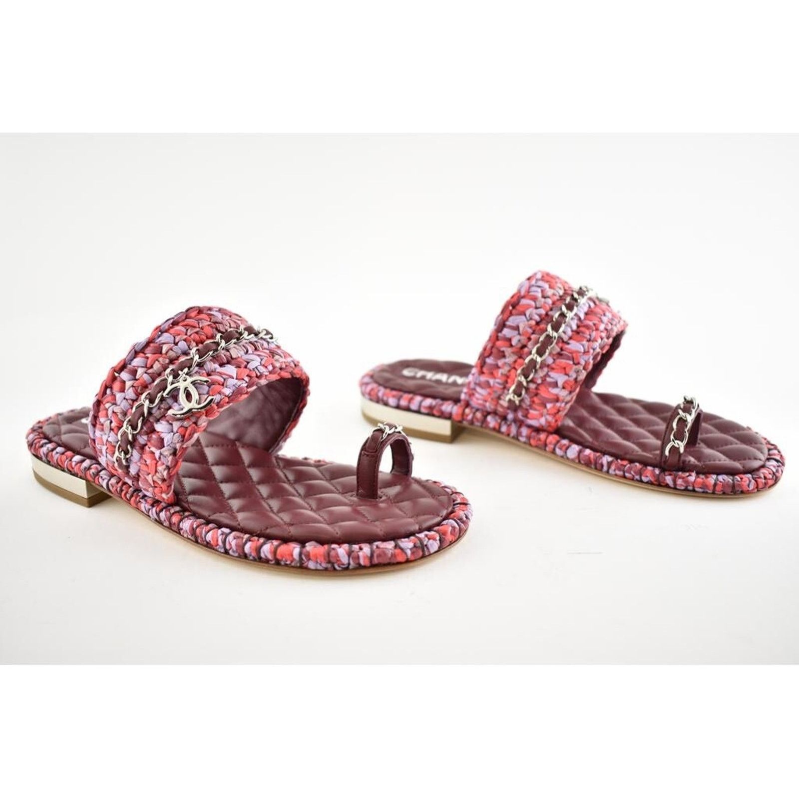 Chanel Chanel 20S Red Purple Raffia Tweed CC Chain Logo Mule Size US 7 / IT 37 - 2 Thumbnail