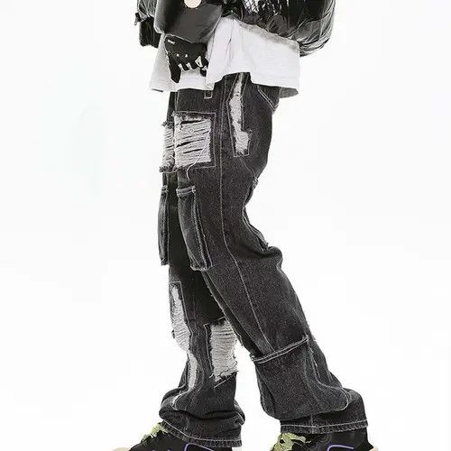 Jean Black Distressed Denim Jeans Size US 32 / EU 48 - 2 Thumbnail