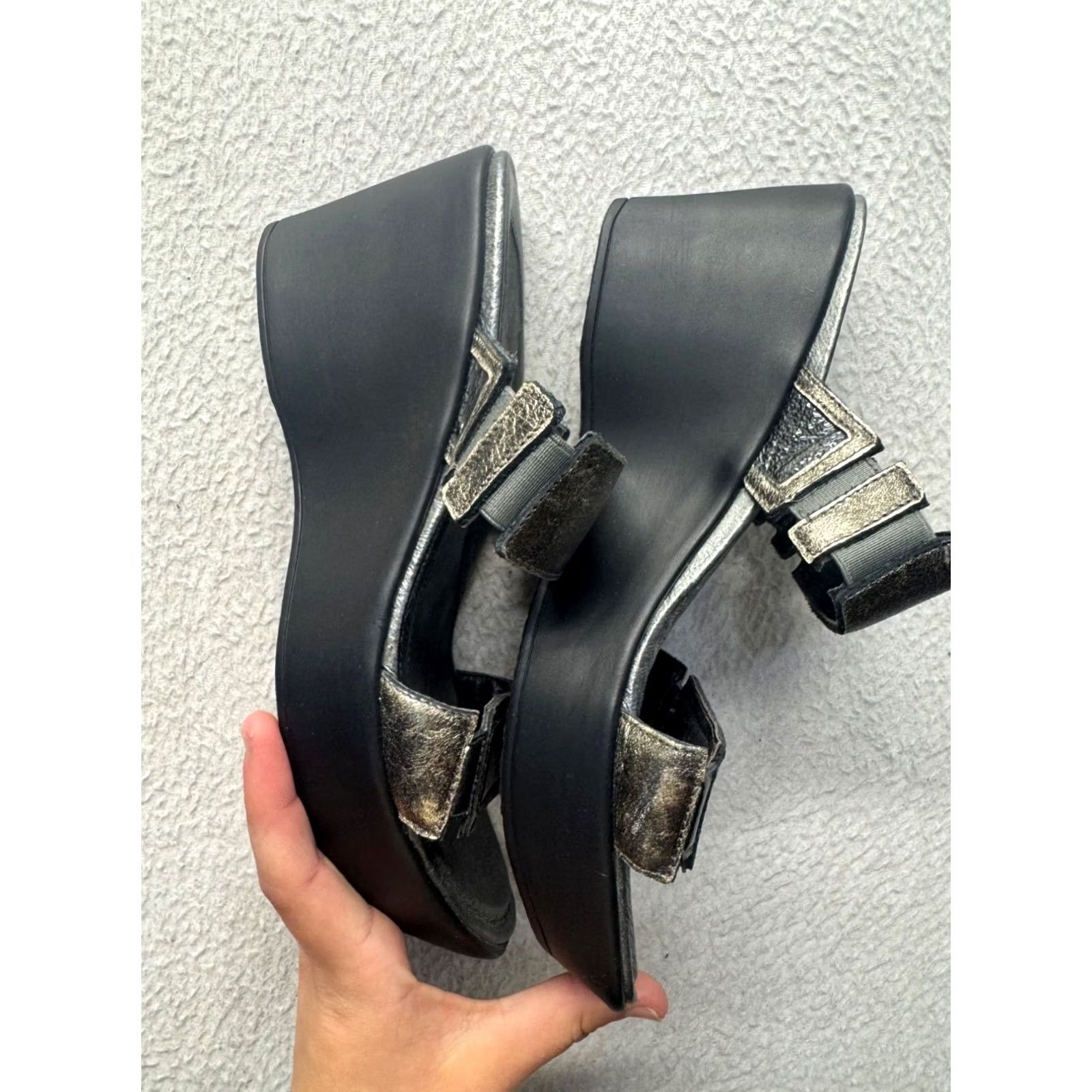 Vintage Naot Sandal Women's 39 Black Leather Strappy Wedge Adjustable Velcro Metal Theme 9816 Good Size US 6 / IT 36 - 5 Thumbnail