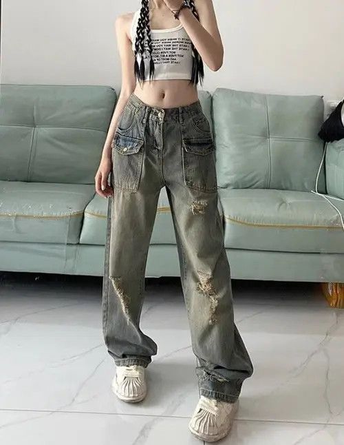 image of Vintage High Street Washed Yellow Mud Ripped Jeans For Women in Cement Yellow (Size 25)
