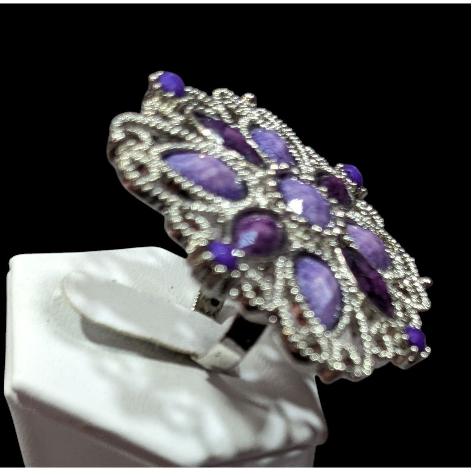 Other Fantasy Chunky Floral Silver Tone Ring With Purple Stones Ad Size ONE SIZE - 4 Thumbnail
