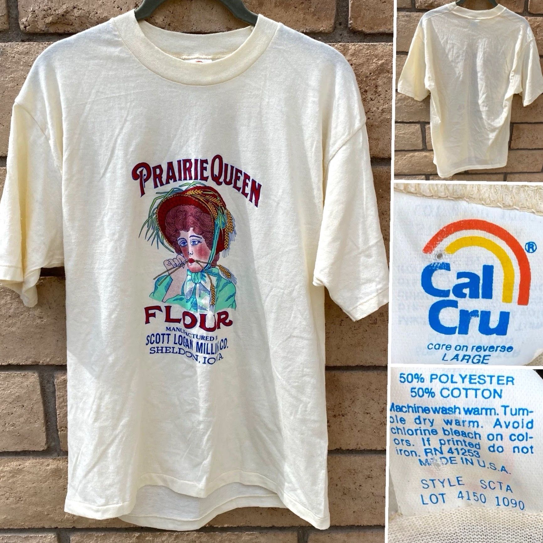 Vintage Vintage Cal Cru Prairie Queen Flour Sheldon Iowa T Shirt Single Stitch L Ivory Polyester Blend Men Short Sleeve Size US L / EU 52-54 / 3 - 2 Thumbnail