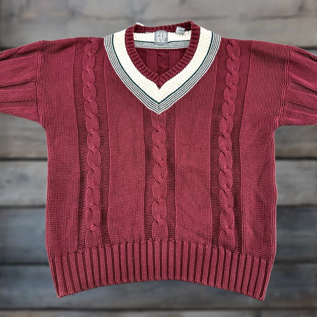 Gap VINTAGE Gap Sweater Womens XL Red Pullover Cable Knit V Neck Striped 90s Women Mens? Size XL / US 12-14 / IT 48-50 - 1 Thumbnail