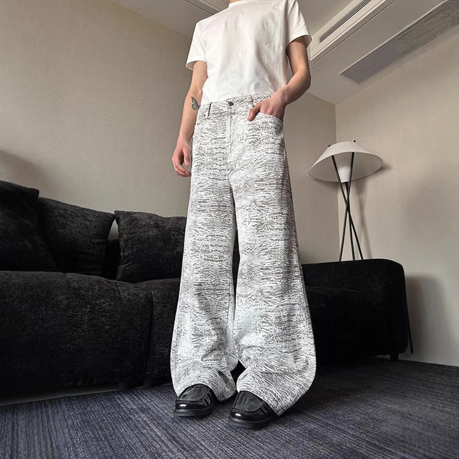 Japanese Brand White Gray Wide Leg Jeans, Baggy Loose Fit Pants Size US 32 / EU 48 - 6 Thumbnail