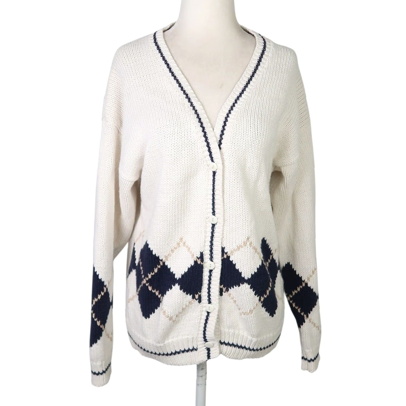Vintage VINTAGE 90s cardigan sweater Argyle Knit Cotton L Cream Navy Cardigan Womens Long Sleeve V-Neck Fall Spring Knits Size L / US 10 / IT 46 - 2 Thumbnail