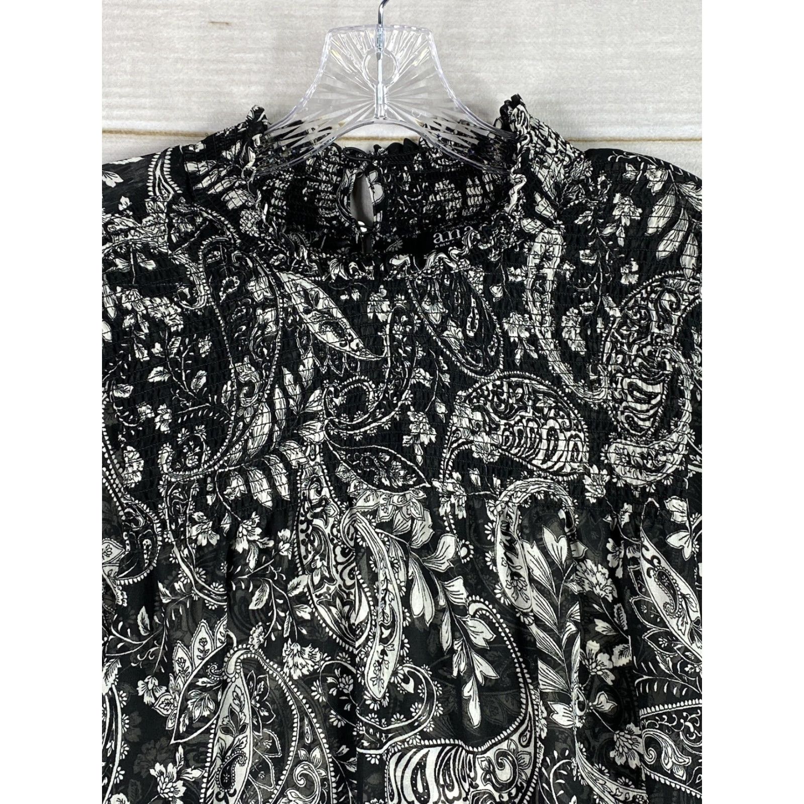 Vintage a.n.a Blouse Top Womens XL Black White Mock Neck Long Sleeve Sheer Geometric Chambray Polyester Button Pullover Casual Occasion Size XL / US 12-14 / IT 48-50 - 2 Thumbnail