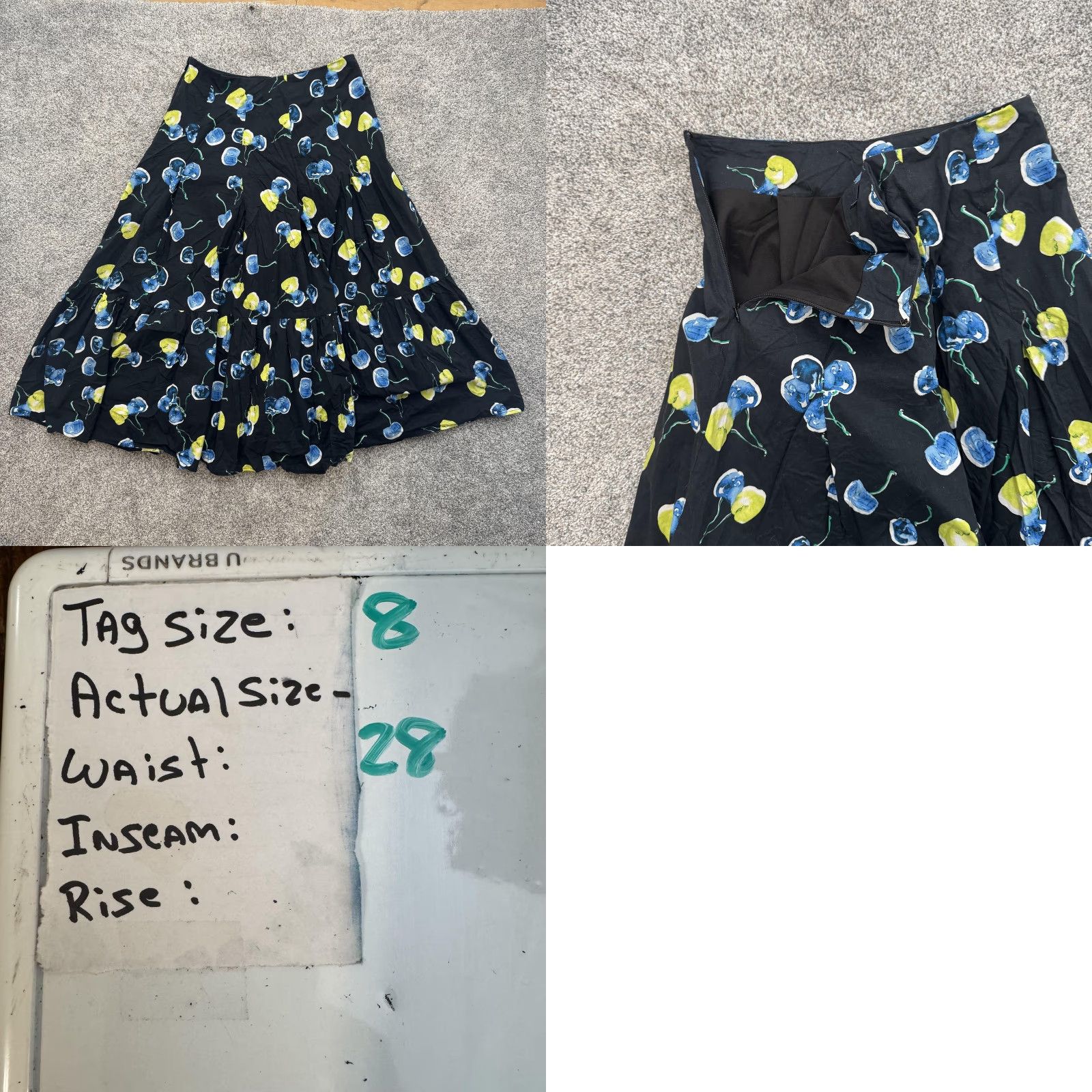 Vintage Eva Franco Skirt Womens 8 Black Blue Yellow Cherry Print Midi Lined Cotton Size 30" / US 8 / IT 44 - 8 Thumbnail